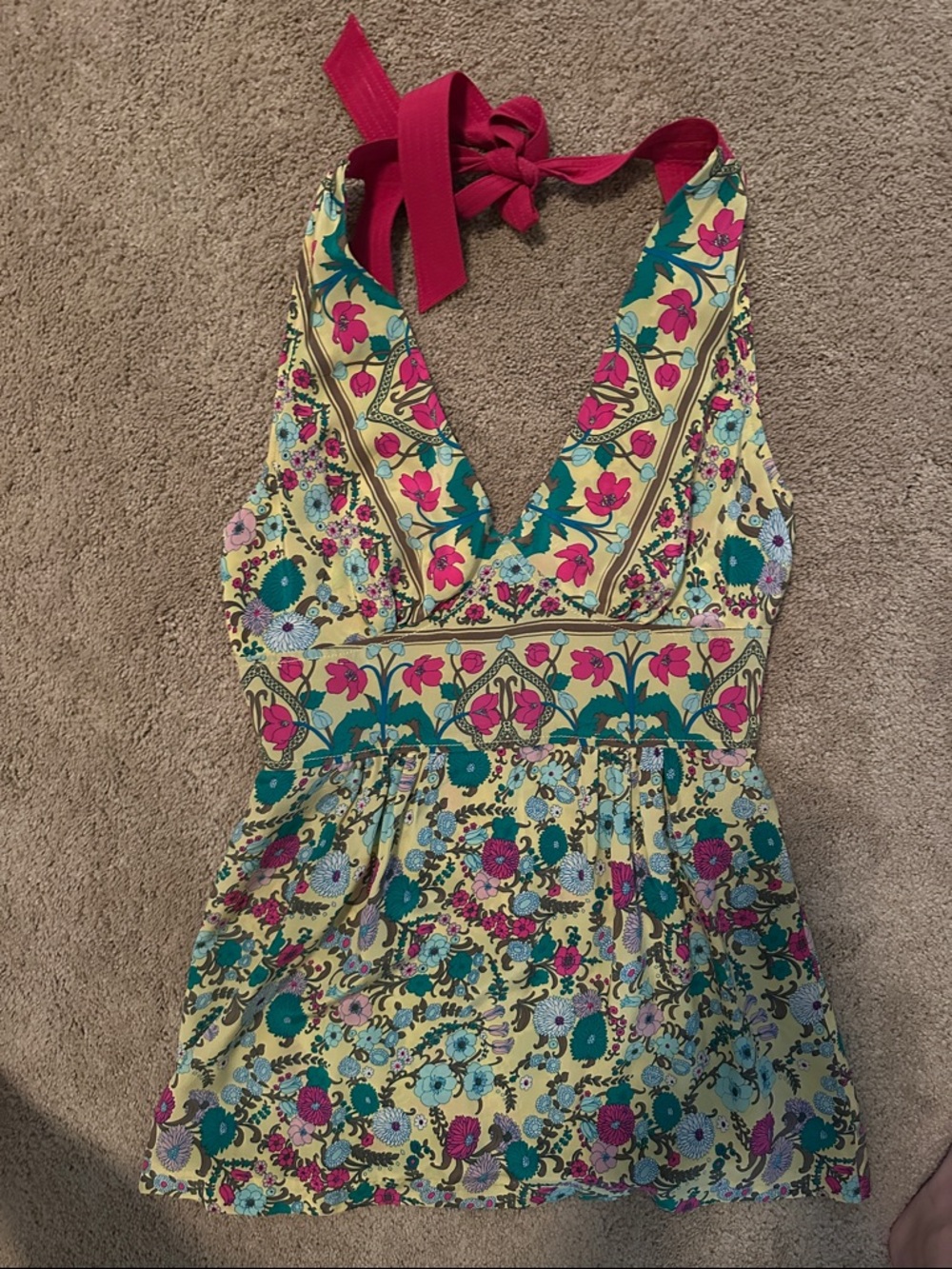 Plenty by Tracy Reese Yellow Floral Halter Tank with Pink Accents